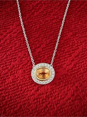 14K Pendant Necklace with citrine gemstone and diamond inlaid halo design